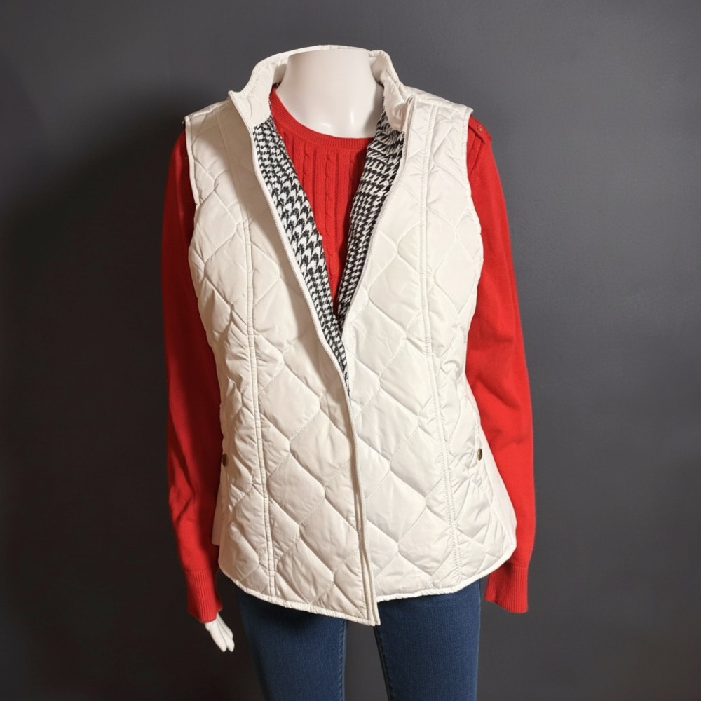 Kim Rogers Quilted Vest White Houndstooth Lining Petite Large (PL) NWT